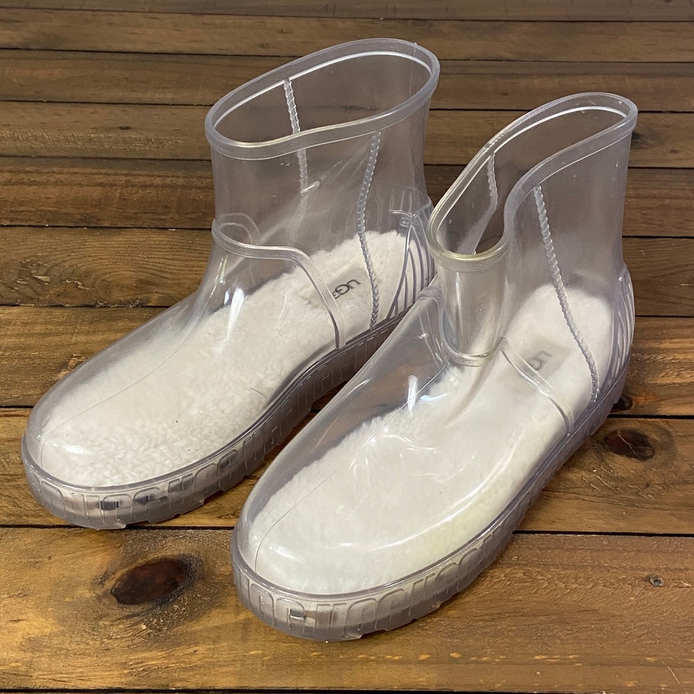 NWOB UGG Women Drizlita Clear Waterproof Rain Boots White Wool Lining 1125731